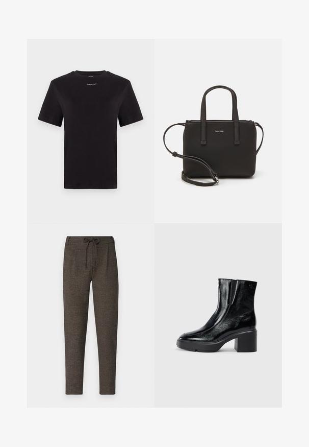 Črna bombažna majica s kratkimi rokavi, okroglim izrezom in majhnim belim logotipom "Calvin Klein" na prsih. Gladka tekstura, klasičen kroj.; Temno rjave hrapave hlače z vrvico za prilagajanje v pasu, stranskimi žepi in ožjimi hlačnicami, narejene iz mehkega materiala.; Črne lakirane gležnjarje z ukrivljenim nosom, elastičnimi stranskimi paneli in debelim blokastim peto. Imajo vtisnjen logotip na zadnjem delu.; Črna torbica z dvema kratkima ročajema in odstranljivim naramnim trakom. Gladek usnju podoben material z zadrgo in podrobnostmi z logotipom.