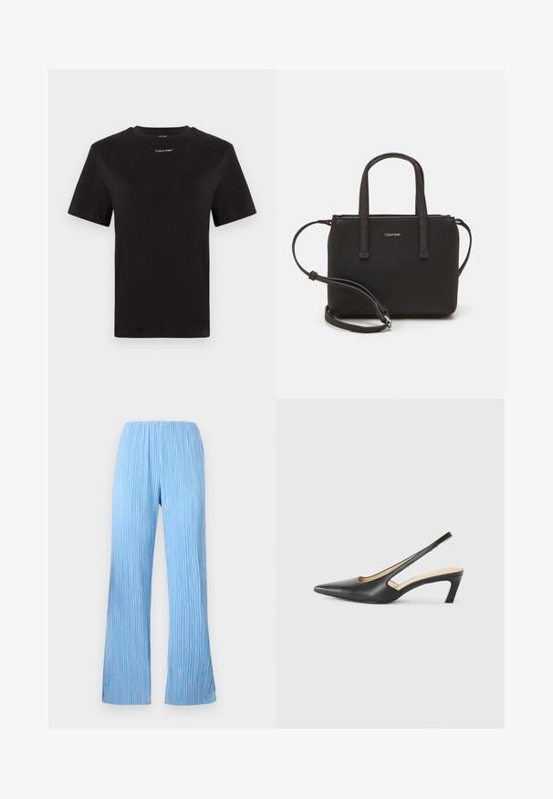 Melna kokvilnas T-kreklu ar īsām piedurknēm, apaļu kakla izgriezumu un nelielu baltu "Calvin Klein" logotipu krūtīs. Gluda tekstūra, klasiskā piegriezuma.; Gaiši zili plīšu bikses ar plašu kāju dizainu, uz kurām ir vertikālas svītras un elastīga josta komfortam. Gluda, viegla auduma struktūra.; Melna, ar smailu purngalu, slingback kurpe ar zemu papēdi, izgatavota no gludas ādas materiāla un ar izgriezumiem sānos gaisa caurlaidībai.; Melns roku soma ar divām īsām rokturiem un noņemamu plecu siksnu. Gluda ādas līdzīga materiāla ar rāvējslēdzēja aizdari un logos detaļu.
