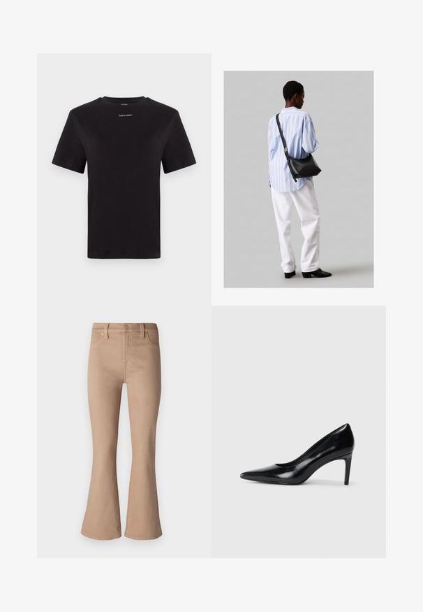 Svart bomull T-skjorte med korte ermer, rund hals og liten hvit "Calvin Klein" logo på brystet. Glatt tekstur, klassisk passform.; Beige utsvingte jeans laget av denim, med en glatt overflate, frontlommer, glidelås og detaljer i gullfarget knapp og nagler.; Sorte skinnhøye hæler med spiss tå, glatt tekstur og avsmalnet hæl. Minimalistisk design, ingen ekstra dekorasjoner.; Svart lær skulderveske med en myk tekstur, trekantet form og justerbar stropp, kombinert med en lyseblå stripete skjorte og hvite bukser.