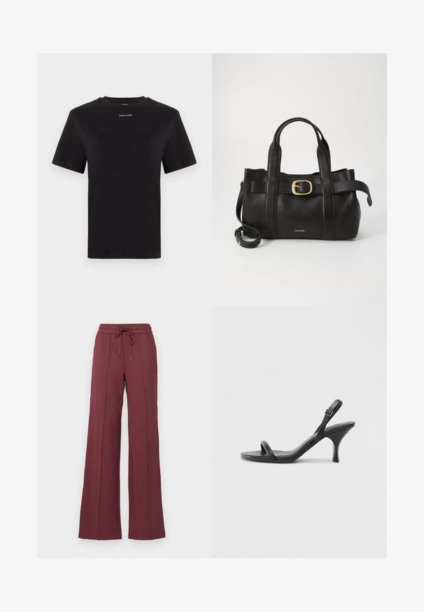 Black cotton t-shirt with short sleeves, crew neck, and small white "Calvin Klein" logo at the chest. Smooth texture, classic fit.; Maroon relaxed-fit pants with a drawstring waistband, wide legs, and vertical seam detailing. Made from soft, lightweight fabric.; Black leather high-heeled sandals with a slim, curved heel and a crossed strap design. Adjustable ankle strap. Smooth texture.; Black leather handbag featuring a structured design, dual top handles, gold-tone buckle accent, and embossed brand logo at the front.