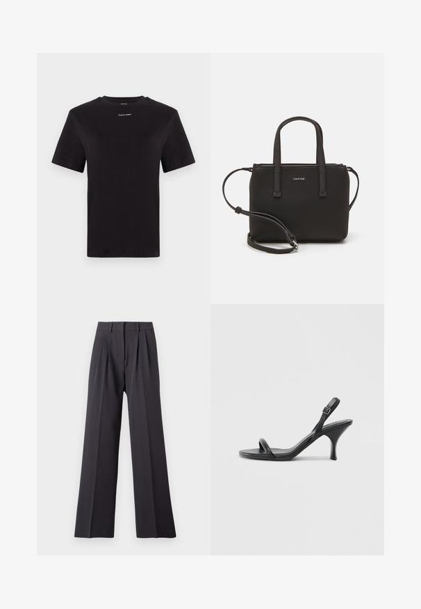 Sort bomulds t-shirt med korte ærmer, rund halsudskæring og lille hvid "Calvin Klein" logo på brystet. Glat tekstur, klassisk pasform.; Bredde benbukser i mørkegrå stof. Har fold ved taljen, en tætsiddende talje og en glat tekstur. Ingen synlige mønstre eller hardware.; Sorte læder højhælede sandaler med en slank, buet hæl og et krydset stropdesign. Justerbar ankelrem. Glat tekstur.; Sort håndtaske med to korte håndtag og en aftagelig skulderrem. Glat læderagtigt materiale med lynlåslukning og logo detaljer.