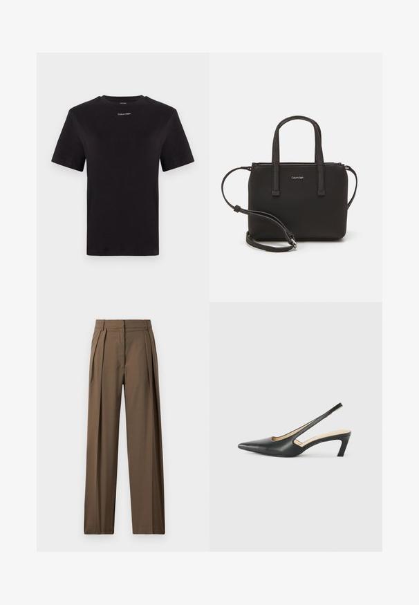 T-shirt in cotone nero con maniche corte, colletto a girocollo e piccolo logo bianco "Calvin Klein" sul petto. Texture liscia, vestibilità classica.; Pantaloni marroni a gamba larga realizzati in un tessuto morbido, caratterizzati da pences frontali e una vita tagliata per un aspetto strutturato.; Scarpa slingback nera con punta affilata e tacco basso, realizzata in pelle liscia e con un design a taglio laterale per favorire la traspirabilità.; Borsa nera con doppi manici corti e tracolla removibile. Materiale simile alla pelle liscia con chiusura a zip e dettaglio del logo.