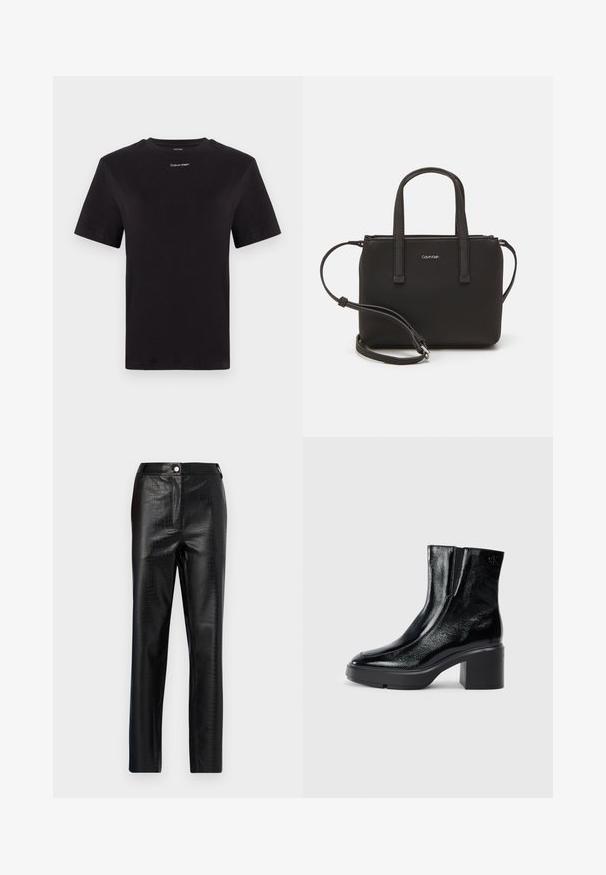 Must musta t-särk lühikeste käistega, ümberringi kaelusega ja väikese valge "Calvin Klein" logo'ga rinnal. Sile tekstuur, klassikaline lõige.; Musta kunstnahast püksid krokodillimustriga, kitsas istuvus, sirge jala disain, millel on ees nuppude sulgemine ja tavaline vöökoht.; Mustmustest must paeltega särkide, millel on kõver varvas, elastsed külgpaneelid ja jäme plokkpealse. Tagaküljel on reljeefne logo.; Musthave mustrans vöö ja eemaldatav õlarihm. Gludike nahk siledaga, millel on tõmblukk ja logo detail.