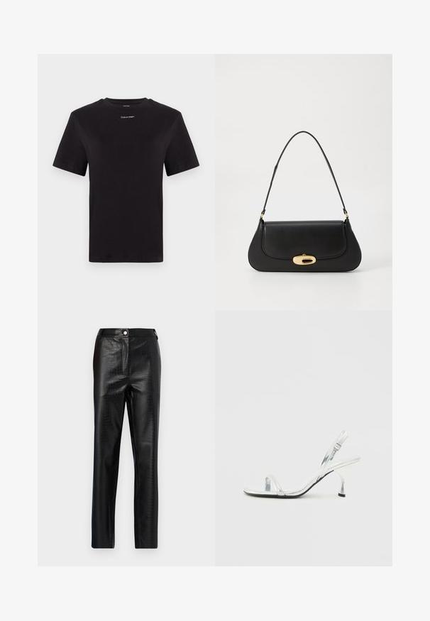 Svart bomull T-skjorte med korte ermer, rund hals og liten hvit "Calvin Klein" logo på brystet. Glatt tekstur, klassisk passform.; Sorte fake skinnbukser med krokodillemønster, slim fit, design med rette ben, med knappelukking foran og standard liv.; Sølv patentlær slingback høyhælt sandal med en smal tårem, justerbar spenne og en slank hæl.; Svart lærveske med en buet design, gullfarget hardware og et håndtak på toppen. Har en elegant lukking og glatt tekstur.