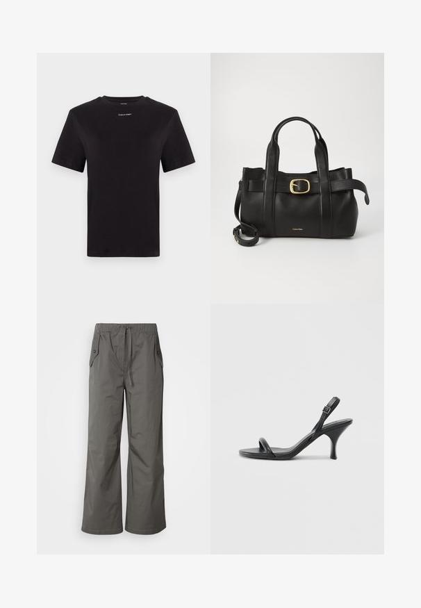 T-shirt in cotone nero con maniche corte, colletto a girocollo e piccolo logo bianco "Calvin Klein" sul petto. Texture liscia, vestibilità classica.; Pantaloni larghi grigi realizzati in tessuto leggero, con cintura elastica, coulisse e due tasche laterali con dettagli in bottone.; Sandali con tacco alto in pelle nera, con tacco sottile e curvo e design a fascia incrociata. Cinghia alla caviglia regolabile. Texture liscia.; Borsa a mano in pelle nera con un design strutturato, doppie maniglie superiori, accentuazione in metallo dorato e logo del marchio in rilievo sul davanti.