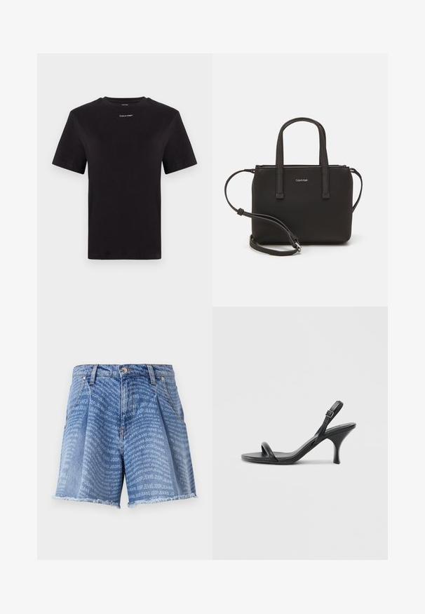 Juodas medvilninis marškinėliai trumpomis rankovėmis, apykaklė, su mažu baltu "Calvin Klein" logotipu krūtinėje. Lygus paviršius, klasikinis siluetas.; Šviesiai mėlyni džinsiniai šortai su išblukusiu plovimu, dekoruoti viso paviršiaus pasikartojančiu „JOOP! JEANS“ raštu. Skeltas apvadas suteikia tekstūros.; Juodos odinės aukštakulnės šlepetės su plonu, kreiviu kulnu ir kryžminiu dirželio dizainu. Reguliuojamas kulkšnies dirželis. Lygus paviršius.; Juoda rankinė su dviem trumpais rankenėlėmis ir nuimamu petį. Lygaus odos tipo medžiaga su užtrauktuku ir logotipo detale.