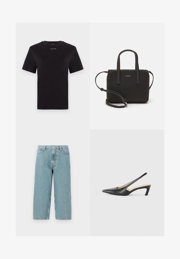 Melna kokvilnas T-kreklu ar īsām piedurknēm, apaļu kakla izgriezumu un nelielu baltu "Calvin Klein" logotipu krūtīs. Gluda tekstūra, klasiskā piegriezuma.; Gai zila džinsu šorti ar augstu jostasvietu, taisnu griezumu un neapstrādātu apakšējo malu. Ietver klasisku pogu un rāvējslēdzēja aizdari, četras kabatas.; Melna, ar smailu purngalu, slingback kurpe ar zemu papēdi, izgatavota no gludas ādas materiāla un ar izgriezumiem sānos gaisa caurlaidībai.; Melns roku soma ar divām īsām rokturiem un noņemamu plecu siksnu. Gluda ādas līdzīga materiāla ar rāvējslēdzēja aizdari un logos detaļu.