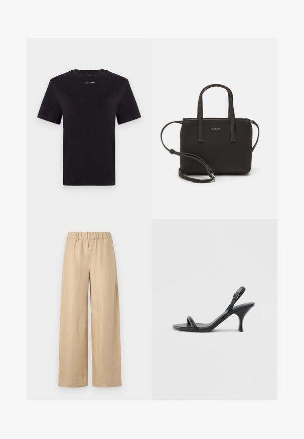 Black cotton t-shirt with short sleeves, crew neck, and small white "Calvin Klein" logo at the chest. Smooth texture, classic fit.; Beige, wide-leg trousers made of a lightweight fabric. Features an elastic waistband and smooth texture, with no visible hardware or patterns.; Black leather high-heeled sandals with a slim, curved heel and a crossed strap design. Adjustable ankle strap. Smooth texture.; Black handbag with dual short handles and a removable shoulder strap. Smooth leather-like material with a zip closure and logo detail.