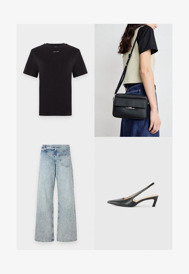 Crna pamučna majica s kratkim rukavima, okruglim izrezom i malim bijelim logom "Calvin Klein" na prsima. Glatka tekstura, klasičan kroj.; Svijetloplave široke traperice s visokim strukom, koje imaju pet džepova i blago izblijedjeli izgled za vintage dojam. Šivane šavove i uredan završetak.; Crne cipele s izduženim vrhom i remenom oko pete, s niskom petom, izrađene od glatke kože i s izrezbarenom stranom radi prozračnosti.; Calvin Klein LINEAR CAMERA BAG - Torba preko tijela - black