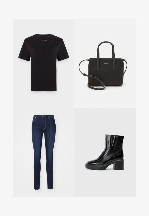 Čierne bavlnené tričko s krátkymi rukávmi, klasickým výstrihom a malým bielym logom "Calvin Klein" na hrudi. Hladká textúra, klasický strih.; Úzke džíny z tmavého denim, s vysokým pásom, piatimi vreckami, zapínaním na zips a gombík, kontrastným prešívaním a minimálnym brandingom.; Čierne lakované členkové topánky s zakrivenou špičkou, elastickými bočnými panelmi a masívnym blokovým opätkom. S embosovaným logom na zadnej strane.; Čierna kabelka s dvojitými krátkymi rúčkami a odnímateľným ramenným popruhom. Hladký materiál podobný koži s uzatváraním na zips a detailom loga.