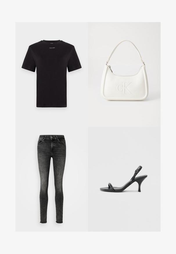 Fekete pamut póló rövid ujjakkal, kerek nyakkivágással és kis fehér "Calvin Klein" logóval a mellkasnál. Simás textúra, klasszikus fazon.; Fekete tónusú, elhalványult farmernadrág, magas derékkal, slim fit szabással, öt zsebbel és rojtos szegéllyel a bokáknál.; Fekete bőrből készült, magassarkú szandál, vékony, ívelt sarokkal és keresztben átkötött pántokkal. Állítható bokapánt. Sima felület.; Fehér bőrtáska ívelt formájú, elöl feltűnő "CK" logóval, egyetlen vállpánttal. Cipzáras zárás a tetején.