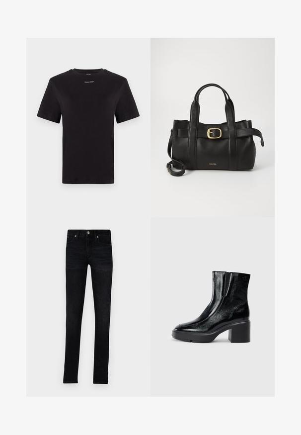 Camiseta de algodón negra con mangas cortas, cuello redondo y pequeño logo blanco de "Calvin Klein" en el pecho. Textura suave, corte clásico.; Jean slim negro, confeccionado en denim, con cinco bolsillos, cierre de cremallera y un ligero desgaste para mayor textura e interés visual.; Botas de tobillo de charol negro con puntera curva, paneles laterales elásticos y un tacón ancho. Presentan un logo embosado en la parte posterior.; Bolso de cuero negro con un diseño estructurado, doble mango superior, detalle de hebilla en tono dorado y logo de la marca grabado en la parte frontal.
