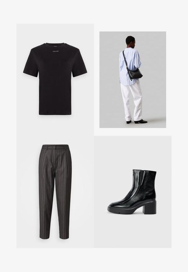 Schwarzes Baumwoll-T-Shirt mit kurzen Ärmeln, Rundhalsausschnitt und kleinem weißen "Calvin Klein"-Logo auf der Brust. Glatte Textur, klassischer Schnitt.; Dunkelgraue maßgeschneiderte Hosen mit vertikalen weißen Nadelstreifen, gefältelter Vorderseite und schmal zulaufenden Beinen. Hergestellt aus glattem Stoff mit Gürtelschlaufen.; Schwarze Lackleder-Stiefeletten mit einer geschwungenen Zehenpartie, elastischen Seiteneinsätzen und einem klobigen Blockabsatz. Mit geprägtem Logo auf der Rückseite.; Schwarze Leder-Umhängetasche mit weicher Textur, dreieckiger Form und verstellbarem Tragegurt, kombiniert mit einem hellblauen gestreiften Hemd und weißen Hosen.