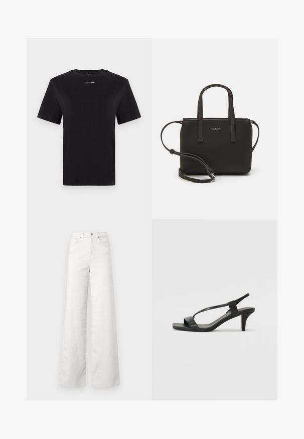 Must musta t-särk lühikeste käistega, ümberringi kaelusega ja väikese valge "Calvin Klein" logo'ga rinnal. Sile tekstuur, klassikaline lõige.; ONLY Tall ONLHOPE GLOBAL HIGH WAIST WIDE  - Püksid - pumice stone; Mustad musta kõrge kontsaga sandaalid, millel on õhuke rihmastik, ruudukujuline nina ja keskmise kõrgusega plokknina. Valmistatud siledast nahast mattviimistlusega.; Musthave mustrans vöö ja eemaldatav õlarihm. Gludike nahk siledaga, millel on tõmblukk ja logo detail.