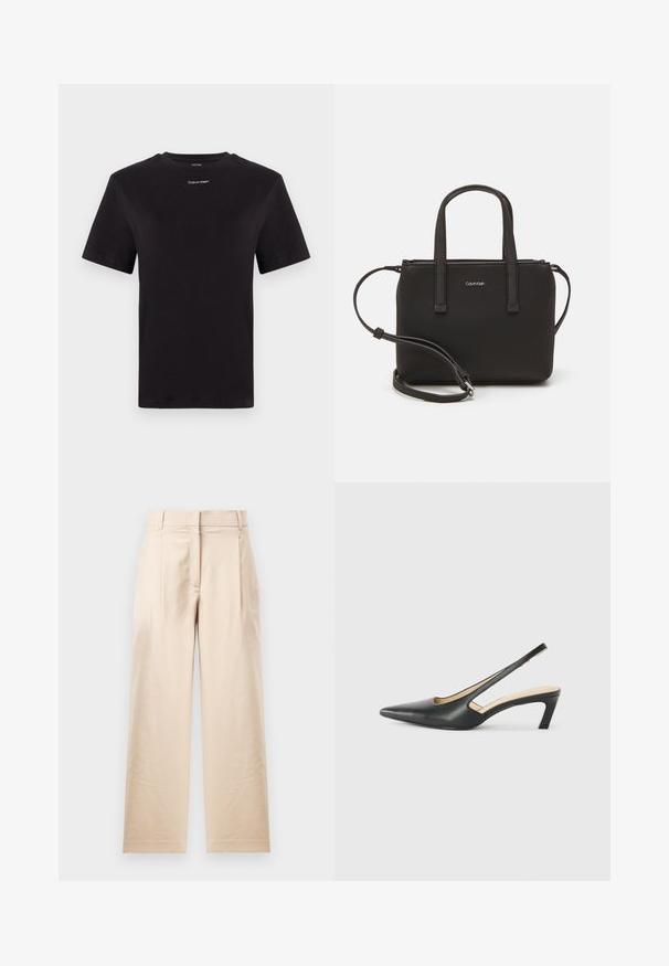 Must musta t-särk lühikeste käistega, ümberringi kaelusega ja väikese valge "Calvin Klein" logo'ga rinnal. Sile tekstuur, klassikaline lõige.; Beežid püksid siledast kangast. Omavad sirget lõiget, lame esiosa ja kahte voldikut. Puuduvad nähtavad mustrid või riistvara.; Must mustaga, terav varvas, madala kontsaga sildiga king, mis on valmistatud siledast nahast ja mille küljel on lõike disain hingavuse tagamiseks.; Musthave mustrans vöö ja eemaldatav õlarihm. Gludike nahk siledaga, millel on tõmblukk ja logo detail.