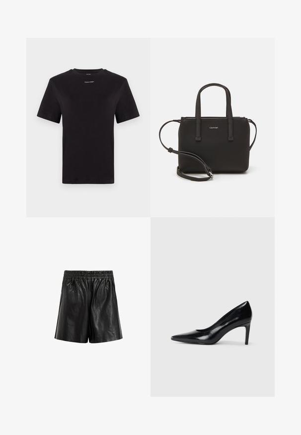 Schwarzes Baumwoll-T-Shirt mit kurzen Ärmeln, Rundhalsausschnitt und kleinem weißen "Calvin Klein"-Logo auf der Brust. Glatte Textur, klassischer Schnitt.; Schwarze Leder-Shorts mit einem elastischen Bund, die eine glatte Textur, weite Beine und keine sichtbaren Taschen oder Verzierungen aufweisen.; Schwarzer Lederhochschuh mit spitzem Zehenbereich, glatter Textur und schmalem Absatz. Minimalistisches Design, keine zusätzlichen Verzierungen.; Schwarze Handtasche mit zwei kurzen, doppelt geflochtenen Griffen und einem abnehmbaren Schulterriemen. Glattes, lederähnliches Material mit einem Reißverschluss und Logodetail.
