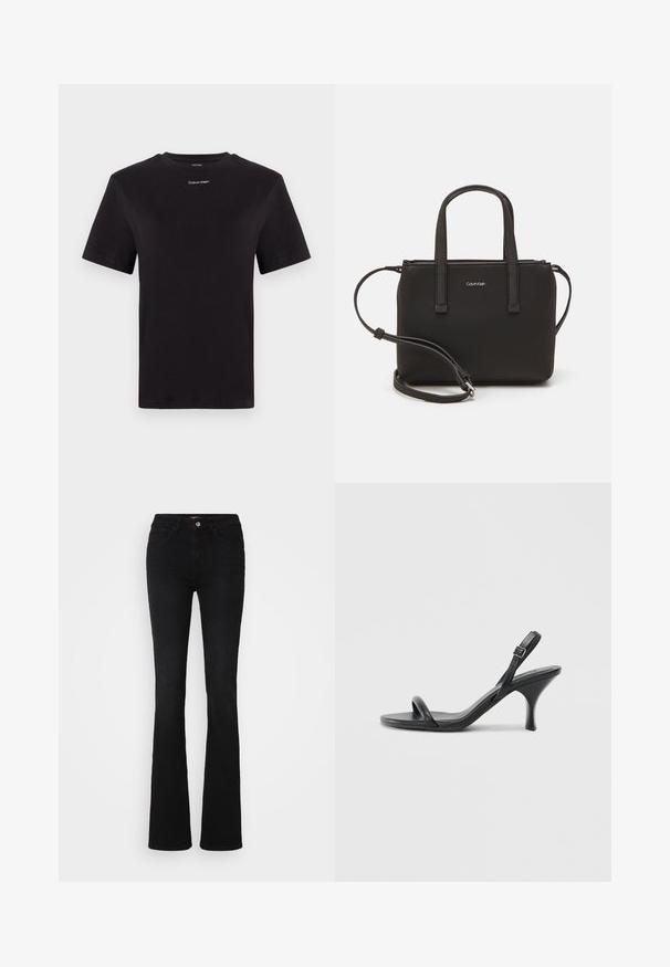 Must musta t-särk lühikeste käistega, ümberringi kaelusega ja väikese valge "Calvin Klein" logo'ga rinnal. Sile tekstuur, klassikaline lõige.; Mustast puhvline teksas, mis on valmistatud denimist, sisaldab klassikalist viit taskut, tagasihoidlikku õmblemist ja esimest nupukinnitust.; Mustad nahast kõrgete kontsadega sandaalid, millel on saledad, kõverad kontsad ja ristatud rihma disain. Reguleeritav pahkluu rihm. Sile tekstuur.; Musthave mustrans vöö ja eemaldatav õlarihm. Gludike nahk siledaga, millel on tõmblukk ja logo detail.