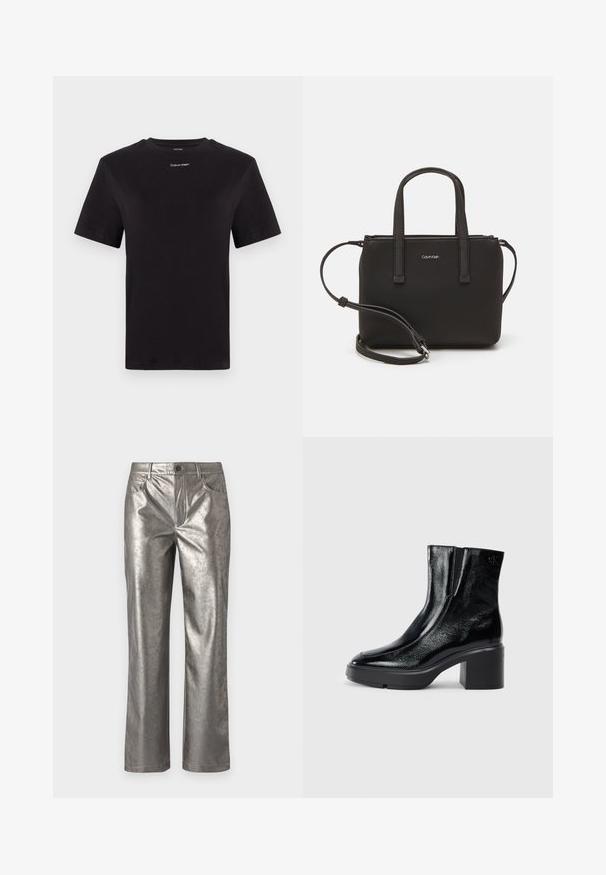 T-shirt noir en coton à manches courtes, col rond, avec un petit logo blanc "Calvin Klein" sur la poitrine. Texture lisse, coupe classique.; Pantalons argent métallisé avec une coupe droite, cinq poches et une fermeture à bouton. Texture lisse avec un léger éclat et un design minimaliste.; Bottines en cuir verni noir avec un bout arrondi, des panneaux latéraux en élastique et un talon épais. Comprend un logo embossé à l'arrière.; Sac à main noir avec deux poignées courtes et une bandoulière amovible. Matière lisse semblable à du cuir avec une fermeture éclair et un détail de logo.