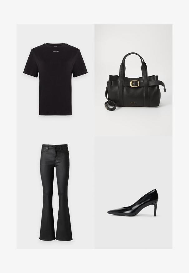 Black cotton t-shirt with short sleeves, crew neck, and small white "Calvin Klein" logo at the chest. Smooth texture, classic fit.; Black flared jeans with a smooth denim texture, featuring a mid-rise waist, belt loops, and front pockets. The inseam flares out at the hem.; Black leather high heel shoe with a pointed toe, smooth texture, and a tapered heel. Minimalist design, no additional embellishments.; Black leather handbag featuring a structured design, dual top handles, gold-tone buckle accent, and embossed brand logo at the front.