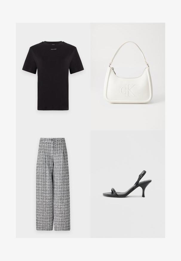 Juodas medvilninis marškinėliai trumpomis rankovėmis, apykaklė, su mažu baltu "Calvin Klein" logotipu krūtinėje. Lygus paviršius, klasikinis siluetas.; Audinio plačios kojų kelnės juodai baltu tekstūruotu raštu, su aukštu juosmeniu, mygtukų uždarymu ir raukšlėtu priekiu.; Juodos odinės aukštakulnės šlepetės su plonu, kreiviu kulnu ir kryžminiu dirželio dizainu. Reguliuojamas kulkšnies dirželis. Lygus paviršius.; Balta odinė rankinė su išlenkta forma, su reljefiniu "CK" logotipu priekyje ir viena petneša. Užtrauktuko uždarymas viršuje.