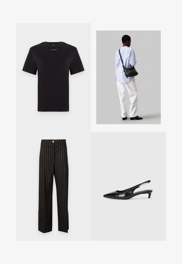 Fekete pamut póló rövid ujjakkal, kerek nyakkivágással és kis fehér "Calvin Klein" logóval a mellkasnál. Simás textúra, klasszikus fazon.; Fekete, magas derekú nadrág narancssárga függőleges csíkokkal, egyenes szabással és dekoratív, szövetbe burkolt gombbal a derékrészen.; Fekete bőr slingback magassarkúk, hegyes orral, vékony sarkakkal és arany színű részlettel a állítható pánton. Simа felület.; Fekete bőr válltáska puha tapintással, háromszög alakú, állítható pánttal, világoskék csíkos inggel és fehér nadrággal párosítva.