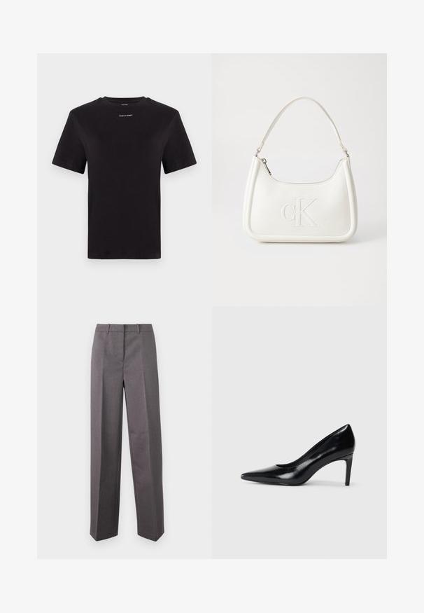 Svart bomull T-skjorte med korte ermer, rund hals og liten hvit "Calvin Klein" logo på brystet. Glatt tekstur, klassisk passform.; Grå skreddersydde bukser laget av teksturert stoff, med rett bendesign, flat front og beltehemper.; Sorte skinnhøye hæler med spiss tå, glatt tekstur og avsmalnet hæl. Minimalistisk design, ingen ekstra dekorasjoner.; Hvit lærveske med en buet fasong, med et preget "CK"-logo på forsiden og en enkel skulderstropp. Glidelåslukking på toppen.