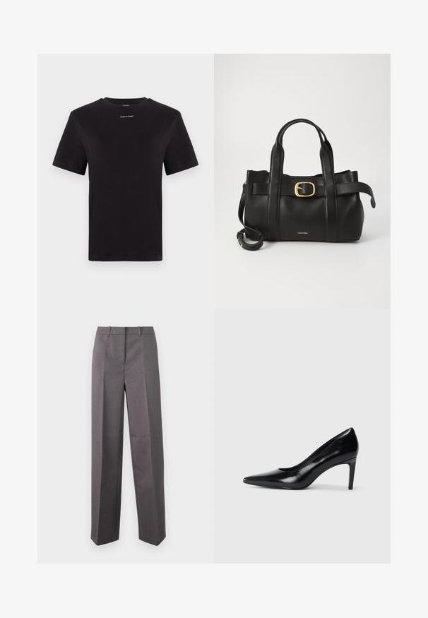 Juodas medvilninis marškinėliai trumpomis rankovėmis, apykaklė, su mažu baltu "Calvin Klein" logotipu krūtinėje. Lygus paviršius, klasikinis siluetas.; Pilki pritaikyti kelnių modeliai, pagaminti iš tekstūruotos medžiagos, su tiesiomis kojomis, plokščiu priekiu ir diržo kilpos.; Juodas odinis aukštakulnis batelis su smailiu pirštu, lygiu paviršiumi ir siauru kulnu. Minimalistinis dizainas, jokių papildomų puošmenų.; Juodas odinis rankinės maišas su struktūrizuotu dizainu, dviem viršutinėmis rankenomis, auksinės spalvos sagtimi ir iškilniu prekės ženklu priekyje.