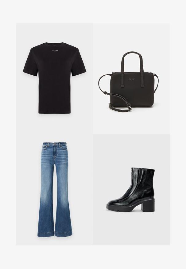 Musta puuvillapaita lyhyillä hihoilla, pyöreä pääntie ja pieni valkoinen "Calvin Klein" -logo rinnassa. Silkkinen pinta, klassinen istuvuus.; Siniset farkut, joissa on leveät lahkeet ja korkea vyötärö, pohjassa vaaleampi haaste ja ommeltu helma. Klassinen viiden taskun muotoilu.; Musta patentoitu nahkasaappaat nilkkoihin, joissa on kaareva kärki, joustavat sivupaneelit ja paksu lohkoilut. Takana on kohokuvioitu logo.; Musta käsilaukku, jossa on kaksinkertaiset lyhyet kahvat ja irrotettava olkahihna. Silkkinen nahkatunneinen materiaali, jossa on vetoketjukiinnitys ja logoyksityiskohta.