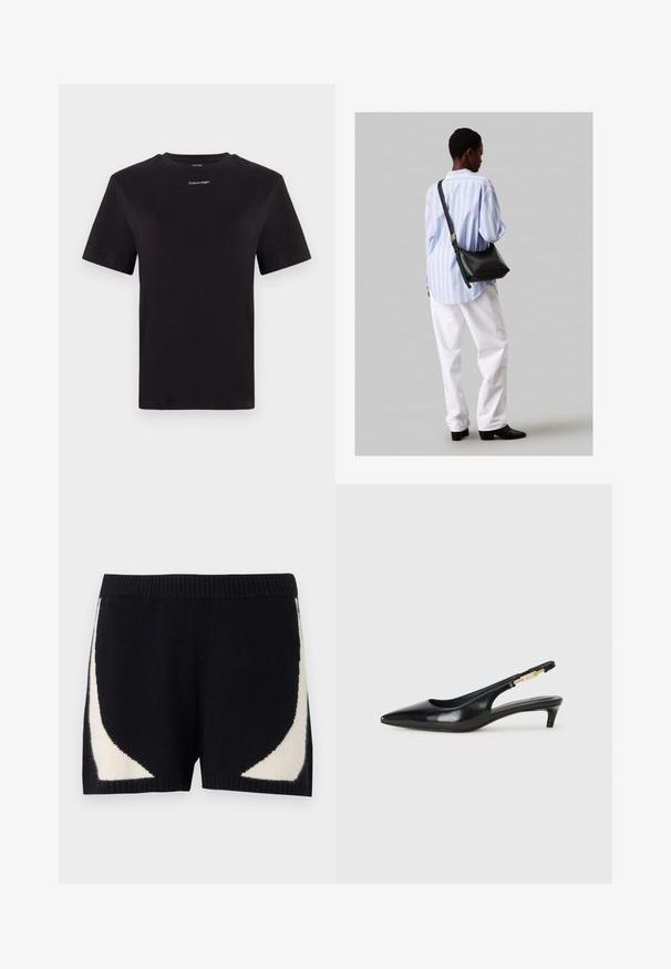 Must musta t-särk lühikeste käistega, ümberringi kaelusega ja väikese valge "Calvin Klein" logo'ga rinnal. Sile tekstuur, klassikaline lõige.; Kootud lühikesed püksid mustas värvitoonis, mille külgedel on kontrastsed kreemjad geomeetrilised mustrid. Omab soonikust vööd ja pehmet tekstuuri.; Mustad nahast slingback kontsad terava ninaga, millel on õhuke konts ja kuldse tooni aktsent reguleeritaval rihmal. Sile tekstuur.; Must have mustras alasi nahkpatsi, pehme tekstuuriga, kolmnurkse kujuga ja reguleeritava rihmaga, koos helesinise triibulise särgi ja valgete pükstega.
