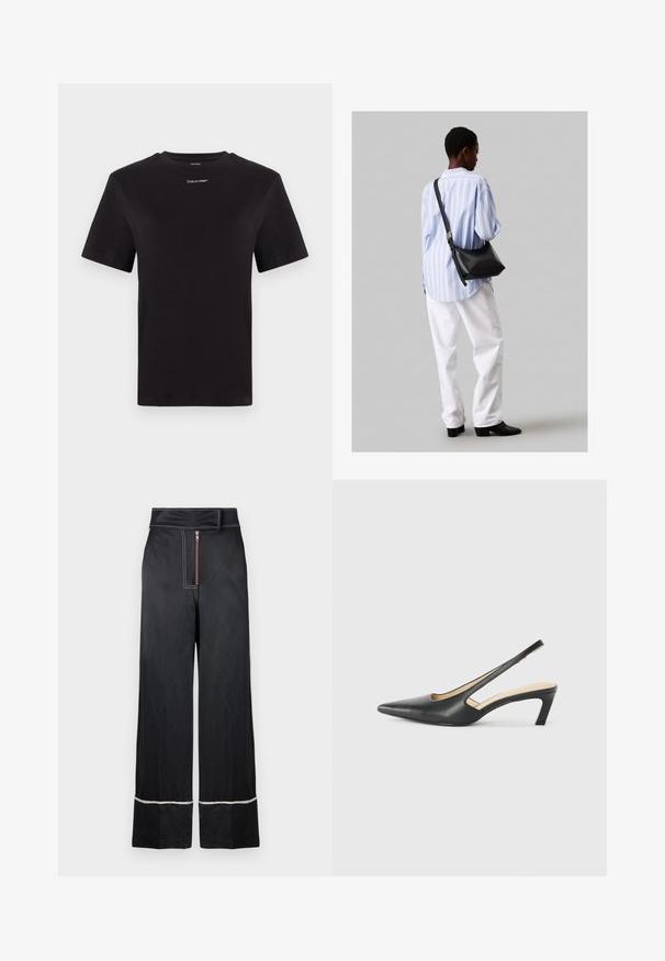Juodas medvilninis marškinėliai trumpomis rankovėmis, apykaklė, su mažu baltu "Calvin Klein" logotipu krūtinėje. Lygus paviršius, klasikinis siluetas.; Juodos plačios kojos kelnės su aukštu liemeniu, turinčios priekinį užtrauktuką ir kontrastinės baltos siūlės palei apatinį kraštą ir šonus.; Juodas smailus slingback batelis su žemu kulnu, pagamintas iš lygaus odos paviršiaus ir su išpjovomis šone, užtikrinančiomis oro pralaidumą.; Juodas odinis petinis krepšys su minkšta tekstūra, trikampiu pavidalu ir reguliuojama juosta, derinamas su šviesiai mėlynu dryžuotu marškinėliu ir baltais džinsais.