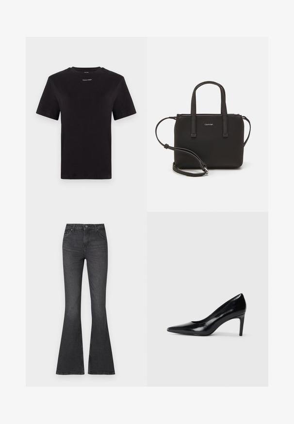 Črna bombažna majica s kratkimi rokavi, okroglim izrezom in majhnim belim logotipom "Calvin Klein" na prsih. Gladka tekstura, klasičen kroj.; Črne flare kavbojke z visokim pasom, ki imajo klasičen pet-pocket dizajn in subtilne teksturne variacije.; Črna usnjena črna čevlja na visokem petu z zašiljenim prstom, gladko teksturo in zoženim peto. Minimalističen dizajn, brez dodatnih okraskov.; Črna torbica z dvema kratkima ročajema in odstranljivim naramnim trakom. Gladek usnju podoben material z zadrgo in podrobnostmi z logotipom.