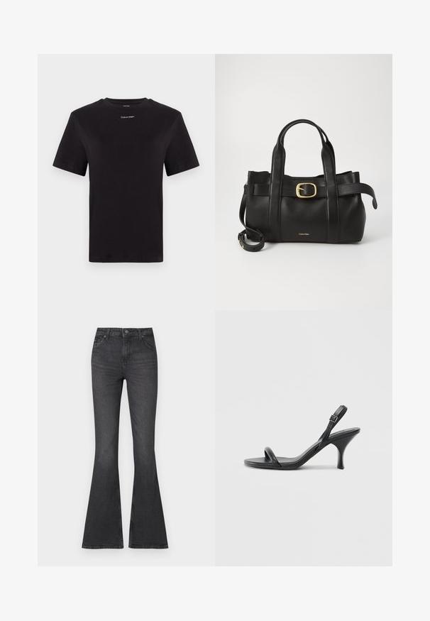 Black cotton t-shirt with short sleeves, crew neck, and small white "Calvin Klein" logo at the chest. Smooth texture, classic fit.; Flared black denim jeans with a high waist, featuring a classic five-pocket design and subtle texture variations.; Black leather high-heeled sandals with a slim, curved heel and a crossed strap design. Adjustable ankle strap. Smooth texture.; Black leather handbag featuring a structured design, dual top handles, gold-tone buckle accent, and embossed brand logo at the front.