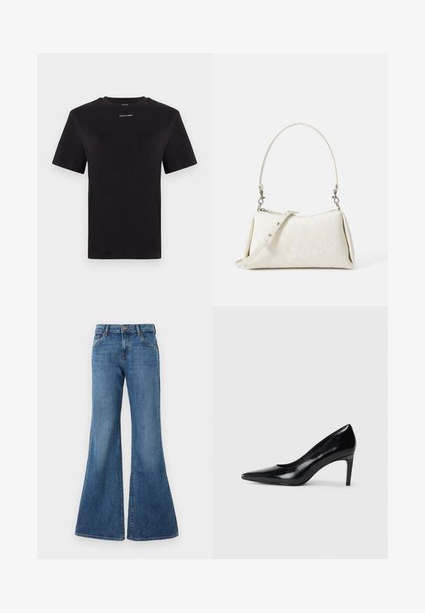 Black cotton t-shirt with short sleeves, crew neck, and small white "Calvin Klein" logo at the chest. Smooth texture, classic fit.; Flared denim jeans in medium blue wash with a classic five-pocket design, belt loops, and a button fly closure. Smooth texture with subtle fading.; Black leather high heel shoe with a pointed toe, smooth texture, and a tapered heel. Minimalist design, no additional embellishments.; White handbag with smooth texture, curved silhouette, and adjustable shoulder strap. Features subtle logo pattern and silver hardware accents.