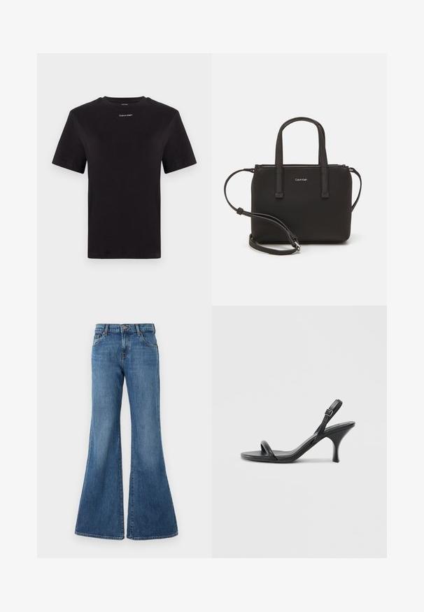 Črna bombažna majica s kratkimi rokavi, okroglim izrezom in majhnim belim logotipom "Calvin Klein" na prsih. Gladka tekstura, klasičen kroj.; Široke denim hlače v srednje modri pranju s klasičnim petim žepnim dizajnom, pasnimi zankami in gumbom za zapiranje. Gladka tekstura z rahlim zbledelostjo.; Črne usnjene visoke sandale s tankim, ukrivljenim petam in obliko križanih trakov. Nastavljiv trak okoli gležnja. Gladka tekstura.; Črna torbica z dvema kratkima ročajema in odstranljivim naramnim trakom. Gladek usnju podoben material z zadrgo in podrobnostmi z logotipom.