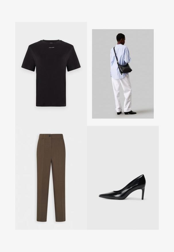 Juodas medvilninis marškinėliai trumpomis rankovėmis, apykaklė, su mažu baltu "Calvin Klein" logotipu krūtinėje. Lygus paviršius, klasikinis siluetas.; Tiesios kojos rudos kelnės su diržo kilpomis ir viena priekinė mygtukų sagtimi, demonstruojamos ant baltos fono.; Juodas odinis aukštakulnis batelis su smailiu pirštu, lygiu paviršiumi ir siauru kulnu. Minimalistinis dizainas, jokių papildomų puošmenų.; Juodas odinis petinis krepšys su minkšta tekstūra, trikampiu pavidalu ir reguliuojama juosta, derinamas su šviesiai mėlynu dryžuotu marškinėliu ir baltais džinsais.