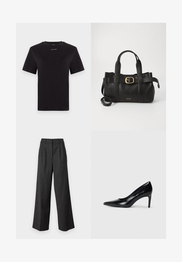 Camiseta de algodón negra con mangas cortas, cuello redondo y pequeño logo blanco de "Calvin Klein" en el pecho. Textura suave, corte clásico.; Pantalones de pierna ancha y cintura alta en gris oscuro con finas rayas verticales. Presentan un diseño entallado y una textura suave. Detalle fruncido en la parte frontal.; Zapato de tacón alto de cuero negro con punta afilada, textura suave y tacón en forma de cono. Diseño minimalista, sin adornos adicionales.; Bolso de cuero negro con un diseño estructurado, doble mango superior, detalle de hebilla en tono dorado y logo de la marca grabado en la parte frontal.