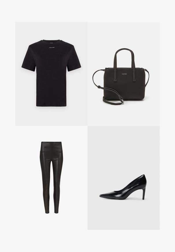 Crna pamučna majica s kratkim rukavima, okruglim izrezom i malim bijelim logom "Calvin Klein" na prsima. Glatka tekstura, klasičan kroj.; Visoko strukirane crne tajice od umjetne kože s glatkom, sjajnom završnom obradom i prilagođenim siluetom, sužavaju se u gležnju. Nema vidljivih šavova.; Crna kožna cipela na visokom potpeticu s špicastim prstom, glatke teksture i sužavajućom potpeticom. Minimalistički dizajn, bez dodatnih ukrasa.; Crna torba s dva kratka ručka i uklonjivom naramenicom. Glatki materijal nalik koži s zatvaračem na zatvaranje i detaljem s logom.
