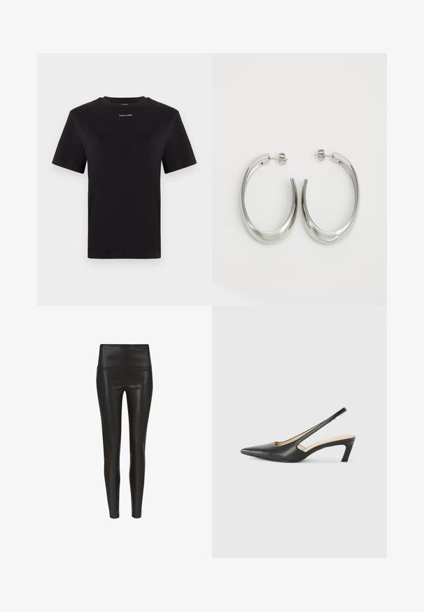 T-shirt noir en coton à manches courtes, col rond, avec un petit logo blanc "Calvin Klein" sur la poitrine. Texture lisse, coupe classique.; Leggings noirs en faux cuir taille haute avec une finition lisse et brillante et une silhouette ajustée, se rétrécissant au niveau de la cheville. Sans coutures visibles.; Slingback noir à bout pointu avec un petit talon, en cuir lisse et doté d'un design découpé sur le côté pour plus de respirabilité.; Boucles d'oreilles en argent avec un design lisse et courbé. Présentent une finition métallique brillante et une fermeture à clou. Pas de motifs ou d'accents visibles.