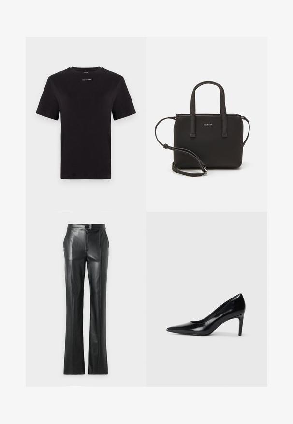 Sort bomulds t-shirt med korte ærmer, rund halsudskæring og lille hvid "Calvin Klein" logo på brystet. Glat tekstur, klassisk pasform.; Sorte læderbukser med lige pasform, høj talje, lynlås og synlige syninger langs sømmene. Glat tekstur.; Sort læder højhælede sko med spids tå, glat tekstur og en taperet hæl. Minimalistisk design uden yderligere udsmykninger.; Sort håndtaske med to korte håndtag og en aftagelig skulderrem. Glat læderagtigt materiale med lynlåslukning og logo detaljer.