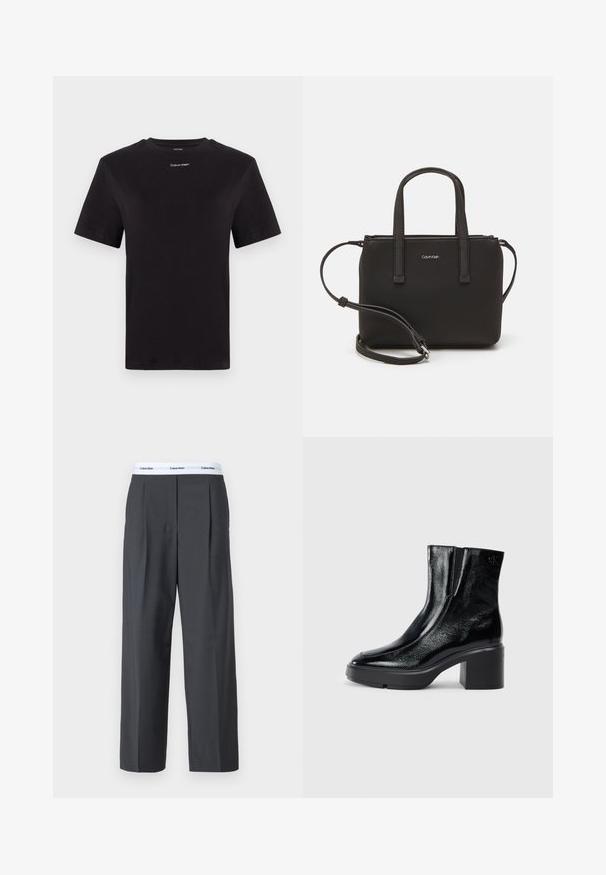 Juodas medvilninis marškinėliai trumpomis rankovėmis, apykaklė, su mažu baltu "Calvin Klein" logotipu krūtinėje. Lygus paviršius, klasikinis siluetas.; Pilki plačiakojai kelnių iš lygios medžiagos, su priekinėmis klostėmis ir balta juosta su Calvin Klein logotipu.; Juodi lakiniai auliniai batai iki kulkšnies, su išlenktu pirštu, elastinėmis šoninėmis panelėmis ir masyviu blokuotu kulnu. Apdailoje užpakalinėje dalyje įspaustas logotipas.; Juoda rankinė su dviem trumpais rankenėlėmis ir nuimamu petį. Lygaus odos tipo medžiaga su užtrauktuku ir logotipo detale.