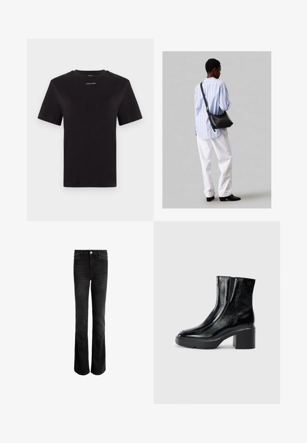 Čierne bavlnené tričko s krátkymi rukávmi, klasickým výstrihom a malým bielym logom "Calvin Klein" na hrudi. Hladká textúra, klasický strih.; Čierne rozšírené džínsy vyrobené z denimu, s vysokým pásom, piatimi vreckami a strieborným zapínaním. Hladká textura s jemným vyblednutím.; Čierne lakované členkové topánky s zakrivenou špičkou, elastickými bočnými panelmi a masívnym blokovým opätkom. S embosovaným logom na zadnej strane.; Čierna kožená ramenná taška so mäkkou textúrou, trojuholníkovým tvarom a nastaviteľným popruhom, skombinovaná s svetlomodrou pruhovanou košeľou a bielymi nohavicami.