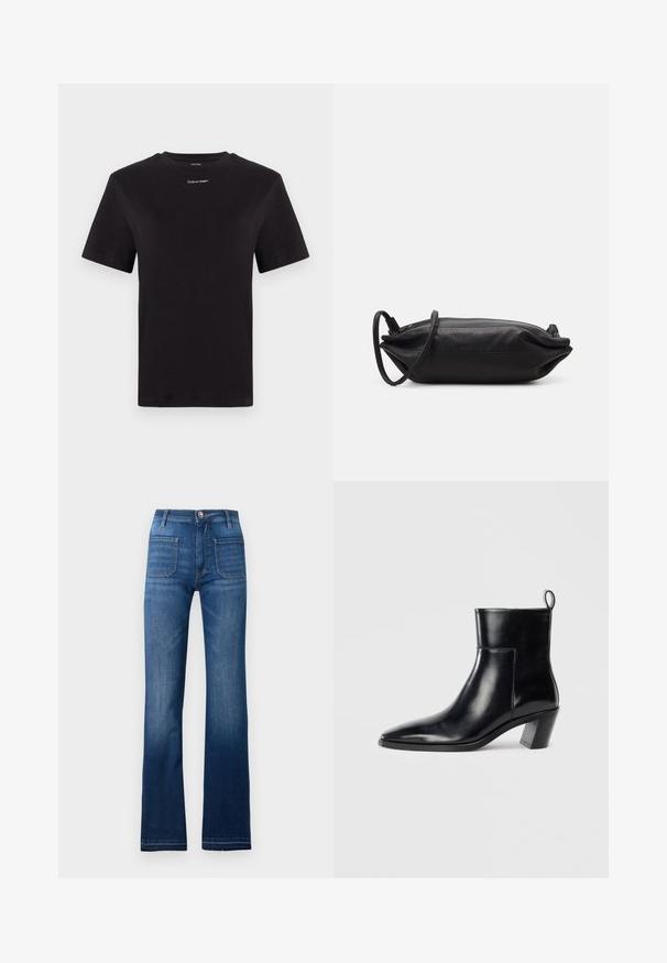 T-shirt preta de algodão com mangas curtas, decote redondo e pequeno logótipo branco "Calvin Klein" no peito. Textura suave, ajuste clássico.; Calças de ganga azul ajustadas com design de cinco bolsos, fecho de botão e costura visível ao longo das costuras, apresentando um acabamento ligeiramente desgastado.; Botim de cano baixo em couro preto com bico pontiagudo, um salto geométrico empilhado e uma alça na parte de trás. Textura suave e design elegante.; Carteira de mão em couro preto com formato retangular, textura suave, alça de ombro fina e design minimalista.