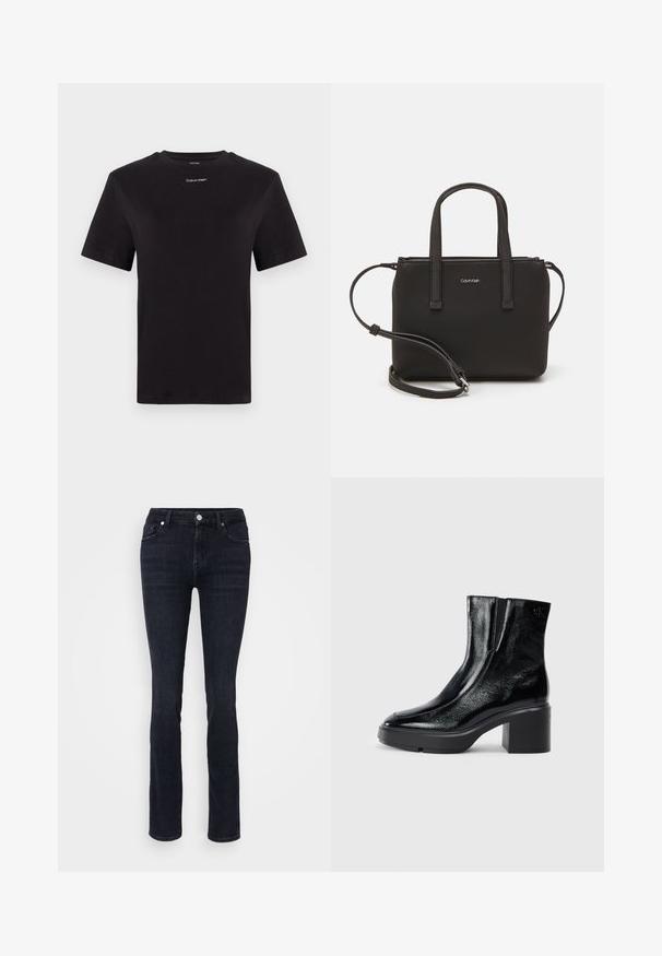 Čierne bavlnené tričko s krátkymi rukávmi, klasickým výstrihom a malým bielym logom "Calvin Klein" na hrudi. Hladká textúra, klasický strih.; Tmavomodré džínsové nohavice rovného strihu, vyrobené z denimu, so spätnou väzbou piatich vreciek, zapínaním na gombík a minimálnym detailom šitia.; Čierne lakované členkové topánky s zakrivenou špičkou, elastickými bočnými panelmi a masívnym blokovým opätkom. S embosovaným logom na zadnej strane.; Čierna kabelka s dvojitými krátkymi rúčkami a odnímateľným ramenným popruhom. Hladký materiál podobný koži s uzatváraním na zips a detailom loga.