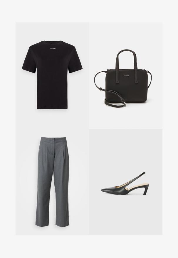 Must musta t-särk lühikeste käistega, ümberringi kaelusega ja väikese valge "Calvin Klein" logo'ga rinnal. Sile tekstuur, klassikaline lõige.; Hallid kohandatud püksid sirge sääre lõikega, mis on varustatud sileda tekstuuri, ees olevate voldikute ja küljetaskutega. Nähtavaid riistu või aksessuaare pole.; Must mustaga, terav varvas, madala kontsaga sildiga king, mis on valmistatud siledast nahast ja mille küljel on lõike disain hingavuse tagamiseks.; Musthave mustrans vöö ja eemaldatav õlarihm. Gludike nahk siledaga, millel on tõmblukk ja logo detail.