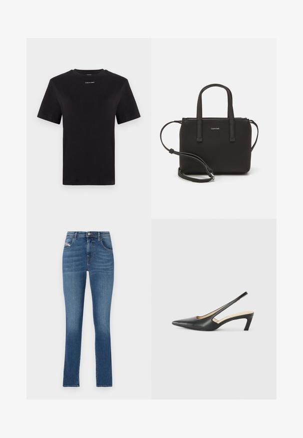 Crna pamučna majica s kratkim rukavima, okruglim izrezom i malim bijelim logom "Calvin Klein" na prsima. Glatka tekstura, klasičan kroj.; Plave traperice s ravnim krojem, dizajnom od pet džepova, zatvaranjem na gumb i suptilnim izblijedjelim dijelovima. Glatka tekstura i uredan rub.; Crne cipele s izduženim vrhom i remenom oko pete, s niskom petom, izrađene od glatke kože i s izrezbarenom stranom radi prozračnosti.; Crna torba s dva kratka ručka i uklonjivom naramenicom. Glatki materijal nalik koži s zatvaračem na zatvaranje i detaljem s logom.