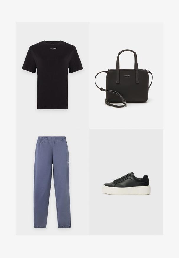 Črna bombažna majica s kratkimi rokavi, okroglim izrezom in majhnim belim logotipom "Calvin Klein" na prsih. Gladka tekstura, klasičen kroj.; Sive hlače s elastiko v pasu, s fermo manšetami in diskretnim logotipom na strani; narejene iz gladkega, lahkotnega materiala.; Črne usnjene superge z zaobljenim prstom, belim platformskim podplatom in črnimi vezalkami. Imajo subtilen logotip na peti in gladko teksturo.; Črna torbica z dvema kratkima ročajema in odstranljivim naramnim trakom. Gladek usnju podoben material z zadrgo in podrobnostmi z logotipom.