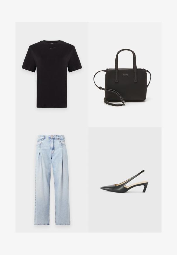 Černé bavlněné tričko s krátkými rukávy, kulatým výstřihem a malým bílým logem "Calvin Klein" na hrudi. Hladká textura, klasický střih.; Světlé modré džíny z denimu s vysokým pasem, širokým střihem, dvěma bočními kapsami a nařaseným designem. Měkká textura s vybledlým povrchem.; Černý špičatý slingback s nízkým podpatkem, vyrobený z hladké kůže, s výřezem na boku pro lepší prodyšnost.; Černá kabelka s dvojitými krátkými uchy a odnímatelným ramenním popruhem. Hladký koženkový materiál s uzávěrem na zip a detailem loga.