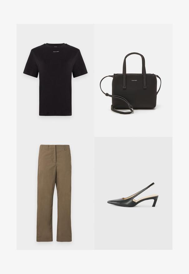 Crna pamučna majica s kratkim rukavima, okruglim izrezom i malim bijelim logom "Calvin Klein" na prsima. Glatka tekstura, klasičan kroj.; Smeđe ravne hlače izrađene od mješavine pamuka. Imaju petlje za remen, prednju džep i glatku teksturu bez uzoraka.; Crne cipele s izduženim vrhom i remenom oko pete, s niskom petom, izrađene od glatke kože i s izrezbarenom stranom radi prozračnosti.; Crna torba s dva kratka ručka i uklonjivom naramenicom. Glatki materijal nalik koži s zatvaračem na zatvaranje i detaljem s logom.