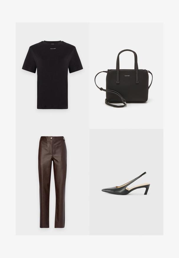 Czarny t-shirt bawełniany z krótkimi rękawami, okrągłym dekoltem i małym białym logo "Calvin Klein" na piersi. Gładka struktura, klasyczny krój.; Brązowe spodnie z imitacji skóry z teksturą krokodyla. Posiadają dopasowany krój, zapięcie na guzik z przodu oraz proste nogawki.; Czarny but na obcasie typu slingback z ostro zakończonym noskiem, z niskim obcasem, wykonany z gładkiej skóry, z wycięciem po boku dla lepszej wentylacji.; Czarna torebka z dwoma krótkimi uchwytami i odpinanym paskiem na ramię. Gładki materiał przypominający skórę, z zamkiem błyskawicznym i detalem z logo.