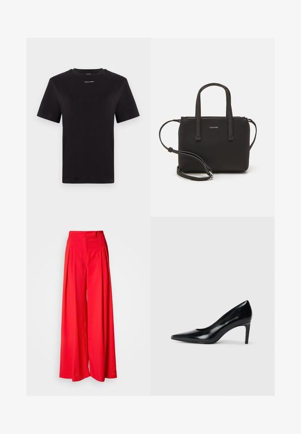 Black cotton t-shirt with short sleeves, crew neck, and small white "Calvin Klein" logo at the chest. Smooth texture, classic fit.; Red wide-leg trousers made of smooth fabric, featuring front pleats, a flat waistband, and a tailored fit. The design emphasizes a fluid silhouette.; Black leather high heel shoe with a pointed toe, smooth texture, and a tapered heel. Minimalist design, no additional embellishments.; Black handbag with dual short handles and a removable shoulder strap. Smooth leather-like material with a zip closure and logo detail.